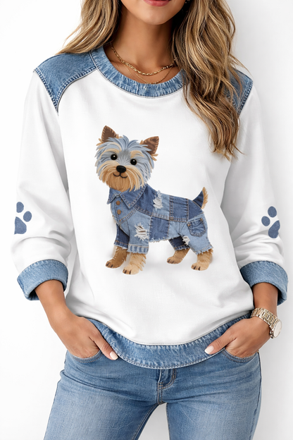 Barkette™ חולצה בדנימ-טקסטורה עם הדפסת כלב